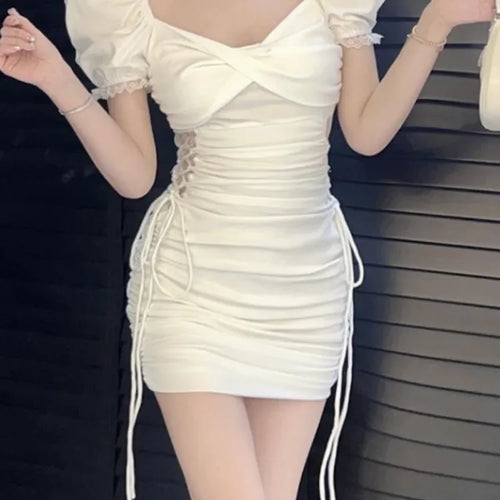Load image into Gallery viewer, Sexy Bandage Lace Bodycon Dress Whtie Puff Sleeve Wrap Short Dresses Summer Sundress Korean Fashion Kpop
