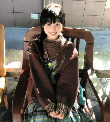 Loose Grunge Cartoon Flower Print Sweaters Y2k Aesthetic Vintage Knitted Pullovers Streetwear Patchwork Harajuku Women's Jumpers