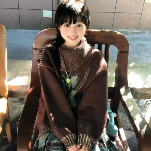 Load image into Gallery viewer, Loose Grunge Cartoon Flower Print Sweaters Y2k Aesthetic Vintage Knitted Pullovers Streetwear Patchwork Harajuku Women's Jumpers
