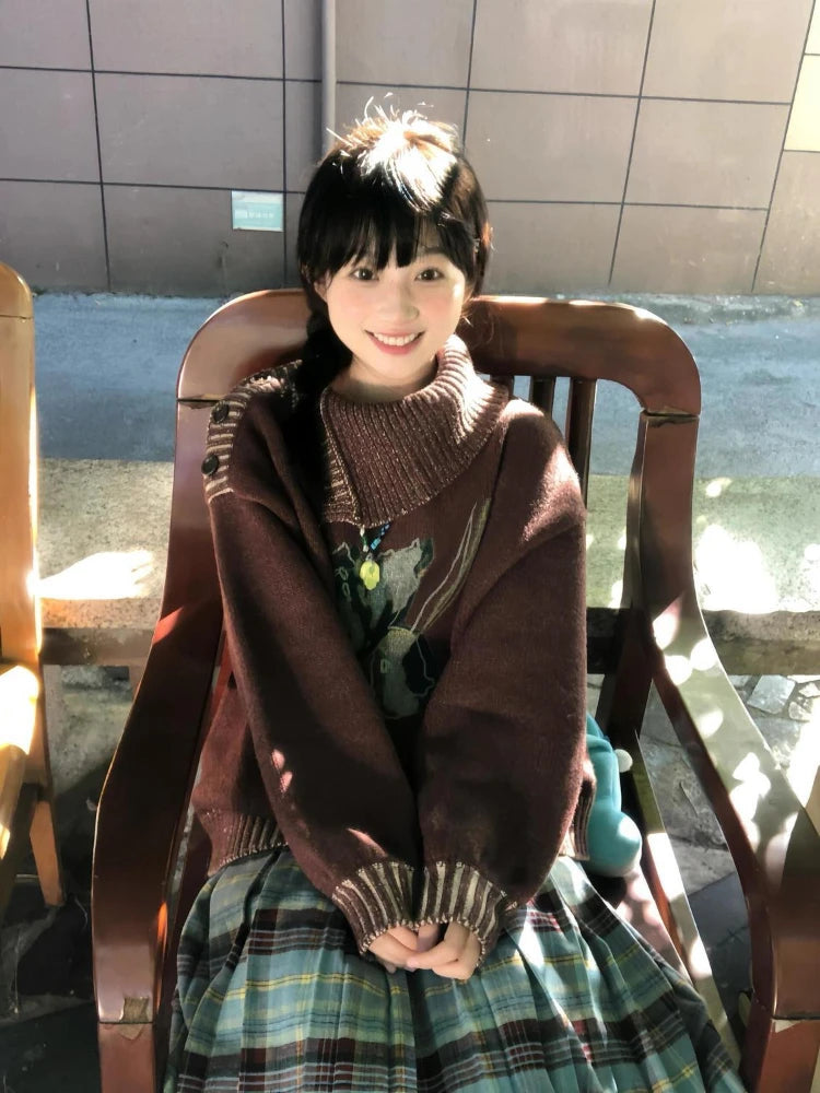 Loose Grunge Cartoon Flower Print Sweaters Y2k Aesthetic Vintage Knitted Pullovers Streetwear Patchwork Harajuku Women's Jumpers