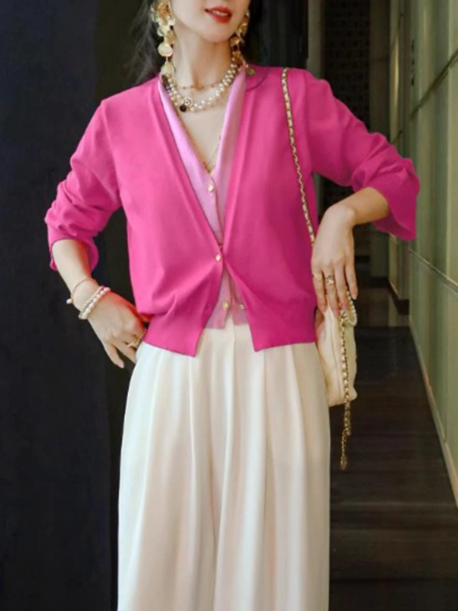 Hit Color Sweater For Women V Neck Long Sleeve Spliced Single Breasted Casual Knitting Sweaters Female Fashion New