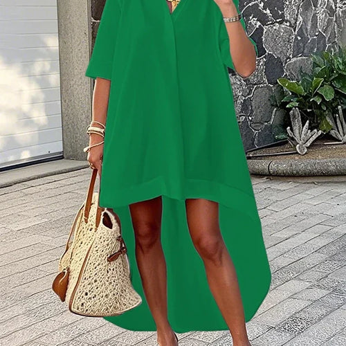 Load image into Gallery viewer, Urban High-low Summer Dress Woman 2025 Cotton V-neck Half Sleeves Simple Birthday Party Midi Dresses for Woman Clothing
