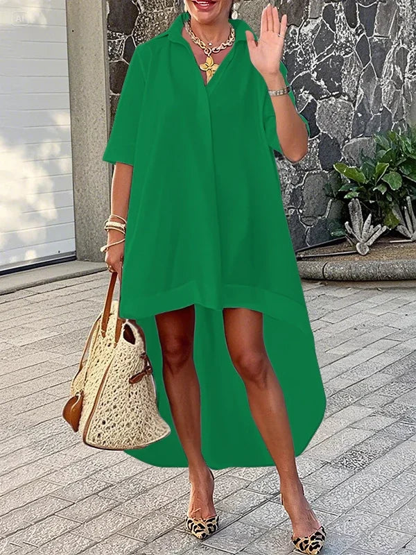 Urban High-low Summer Dress Woman 2025 Cotton V-neck Half Sleeves Simple Birthday Party Midi Dresses for Woman Clothing