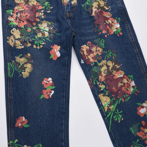 Load image into Gallery viewer, High Street Ink Splash Flower Pattern Veinge Denim Jeans Casual Raw Cut Long Pants Niche Design Trousers 9A1183
