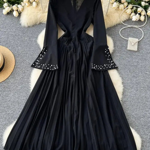Load image into Gallery viewer, Black Slim High Waist V-neck Long Sleeved Bead Dress For Women 2024 Autumn French New Zipper Pleated Evening Party Dress Fashion
