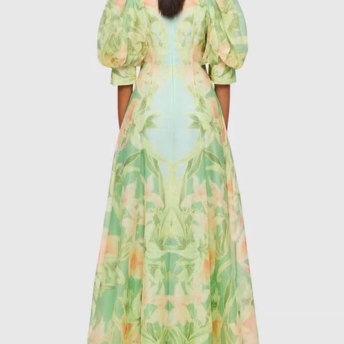 Load image into Gallery viewer, Green Printing Dresses For Women V Neck Short Puff Sleeve High Waist Summer Folds Long Dress Female Fashion Clothing 2023
