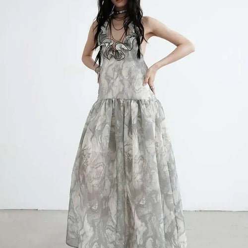 Load image into Gallery viewer, Women Gray Ruffled Backless Elegant Long Strapless Dress New Halter Sleeveless Fashion Tide Spring Autumn 2025 1DJ0014
