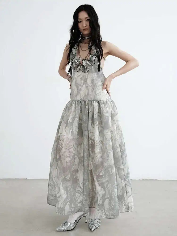 Women Gray Ruffled Backless Elegant Long Strapless Dress New Halter Sleeveless Fashion Tide Spring Autumn 2025 1DJ0014