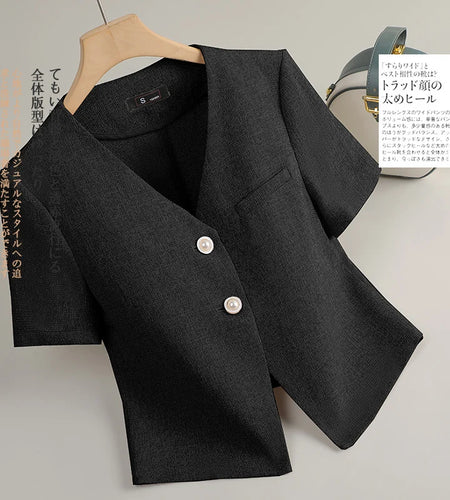 Korean Fashion Women's Solid V Neck Single Breasted Short Sleeve Blazer Coat 2025 Summer Office Lady Festival Tops Popular Trend