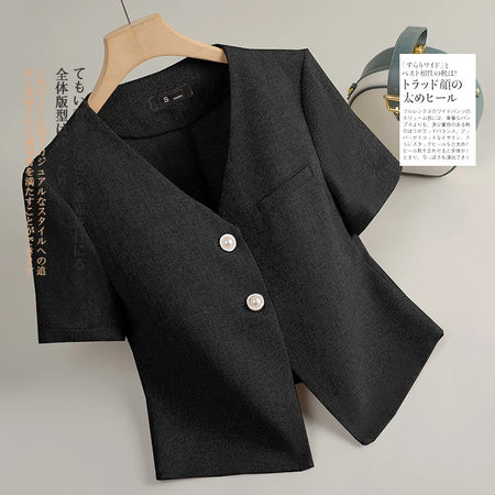 Korean Fashion Women's Solid V Neck Single Breasted Short Sleeve Blazer Coat 2025 Summer Office Lady Festival Tops Popular Trend