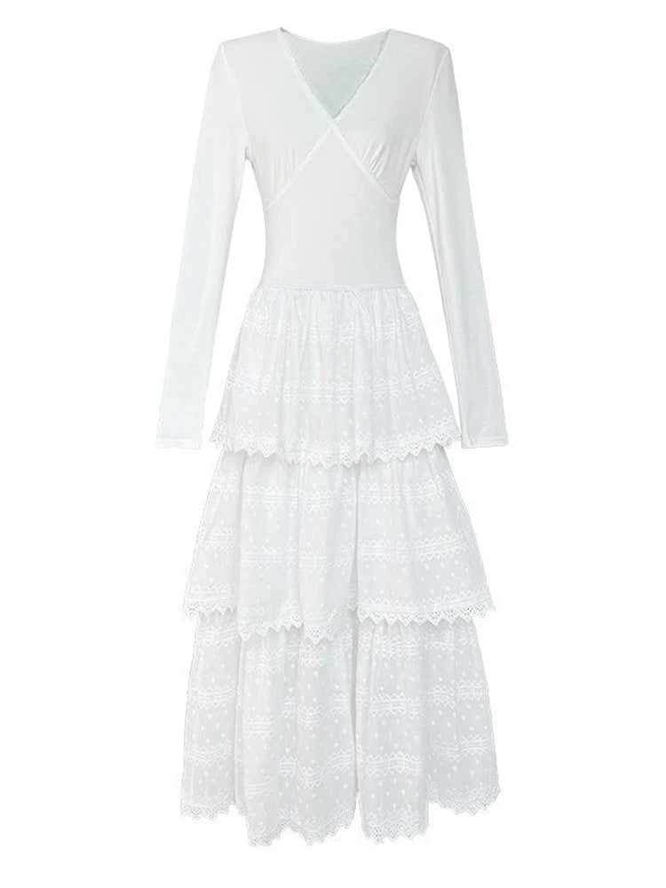 Women White Brief Slim Elegant Layers Long Cake Dress New V-Neck Long Sleeve Fashion Tide Spring Autumn 2025 1DH9982