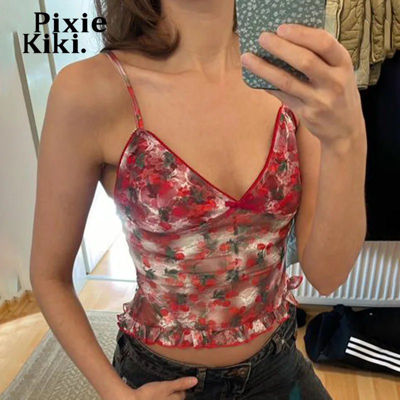 Cherry Print Mesh Tops Aesthetics Y2k Kawaii Lingerie Bow V Neck Backless Crop Top Shirt Summer Tanks & Camis P67-BB10