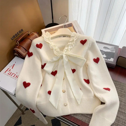 Load image into Gallery viewer, Winter Sweet Patchwork Heart Embroidery Knitting Sweaters Women Long Sleeved Bow Ruffles V-neck 2024 New Fashion Cardigan Tops
