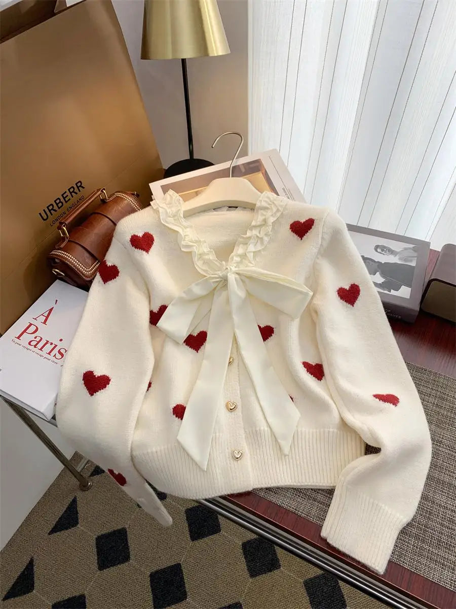 Winter Sweet Patchwork Heart Embroidery Knitting Sweaters Women Long Sleeved Bow Ruffles V-neck 2024 New Fashion Cardigan Tops