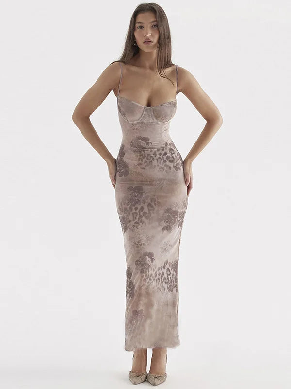 Sexy Women's Flower Print Sleeveless Long Dress 2023 Female Slim Fit High Waist Bodycon Dress Party Club Evening Dress