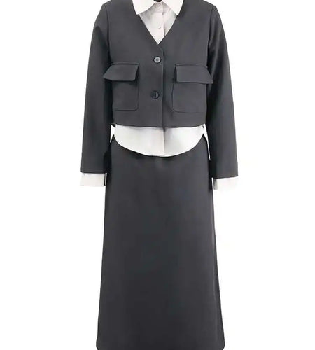 Gray Color-block Jacket Half-body Skirt Two Pieces Suit New Lapel Long Sleeve Women Fashion Spring Autumn 2025 CPG1298