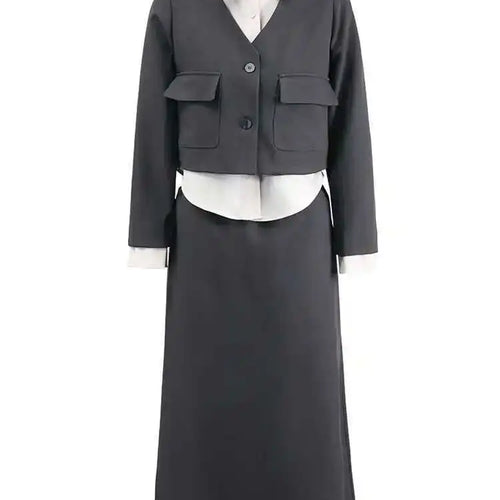Load image into Gallery viewer, Gray Color-block Jacket Half-body Skirt Two Pieces Suit New Lapel Long Sleeve Women Fashion Spring Autumn 2025 CPG1298
