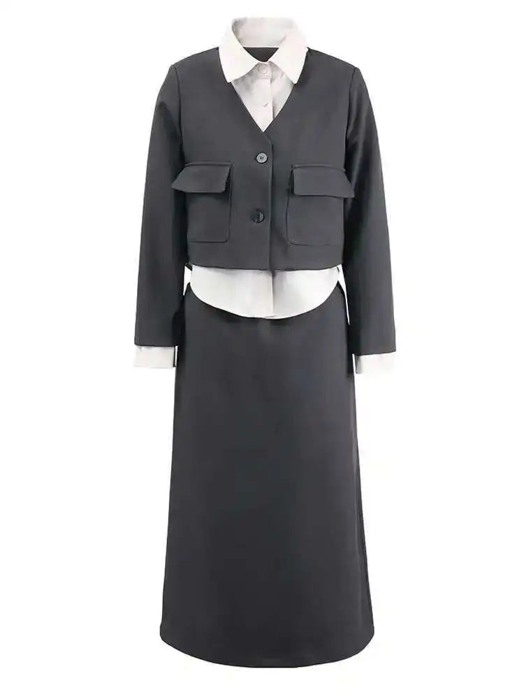 Gray Color-block Jacket Half-body Skirt Two Pieces Suit New Lapel Long Sleeve Women Fashion Spring Autumn 2025 CPG1298