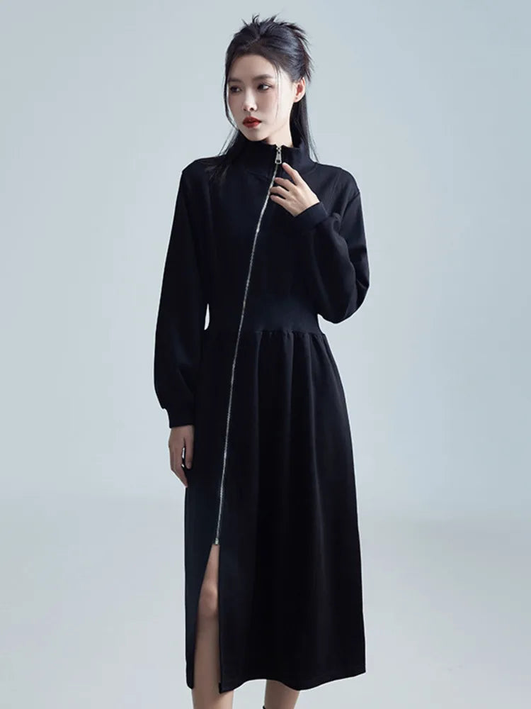 Women Black Zipper Slit Big Size Midi Dress New Half High Collar Long Sleeve Loose Fit Fashion Spring Autumn 2025 1DH2442