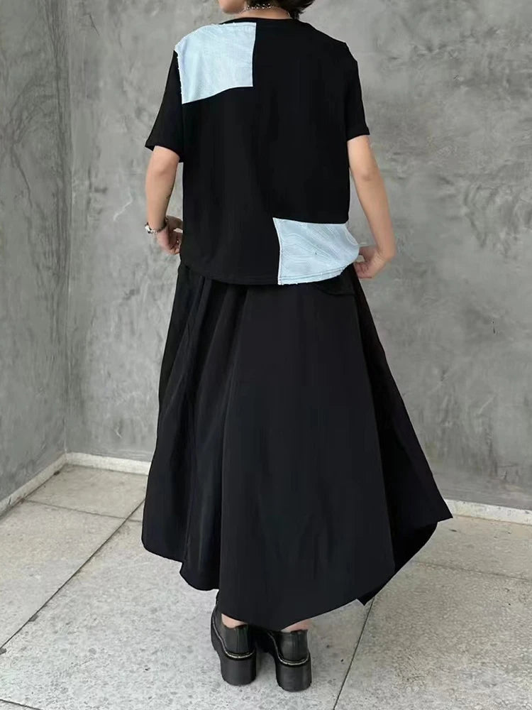 Women Black Color-block Textured Big Size T-shirt New Round Neck Short Sleeve Fashion Tide Spring Summer 2025 1DJ1220