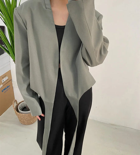 Women Gray Green Ribbon Short Big Size Blazer New Lapel Long Sleeve Loose Jacket Fashion Tide Spring Autumn 2025 1DF0385