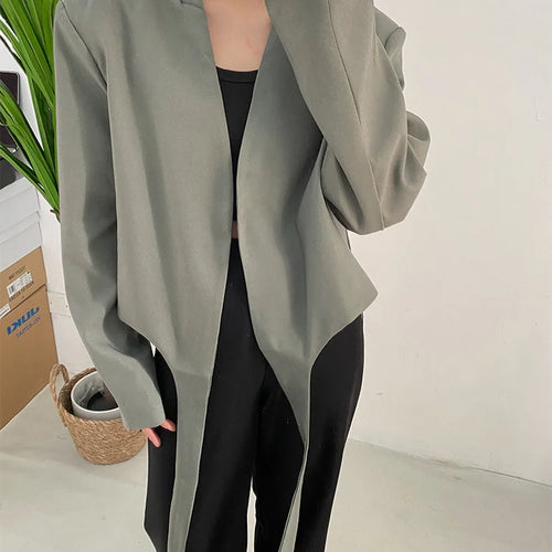 Load image into Gallery viewer, Women Gray Green Ribbon Short Big Size Blazer New Lapel Long Sleeve Loose Jacket Fashion Tide Spring Autumn 2025 1DF0385
