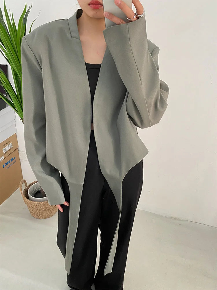 Women Gray Green Ribbon Short Big Size Blazer New Lapel Long Sleeve Loose Jacket Fashion Tide Spring Autumn 2025 1DF0385