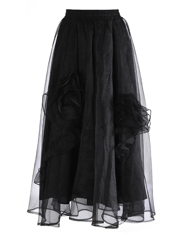 High Elastic Waist Khaki Three-dimensional Flower Mesh Half-body Skirt Women Fashion Tide New Spring Autumn 20251DJ0912