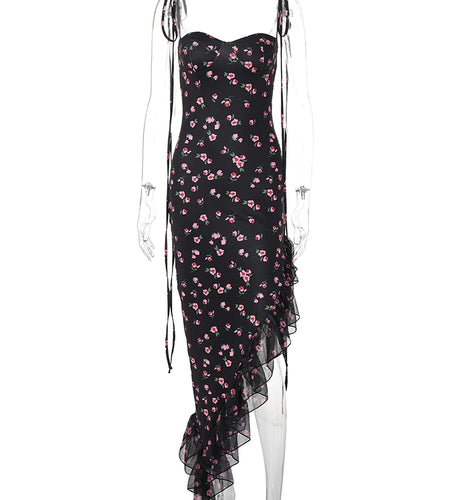 Floral Print Slips Backless Lace Up Irregular Ruffles Sexy Slim Elegant Maxi Dress Summer Women Outfits Birthday Party