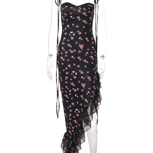Load image into Gallery viewer, Floral Print Slips Backless Lace Up Irregular Ruffles Sexy Slim Elegant Maxi Dress Summer Women Outfits Birthday Party
