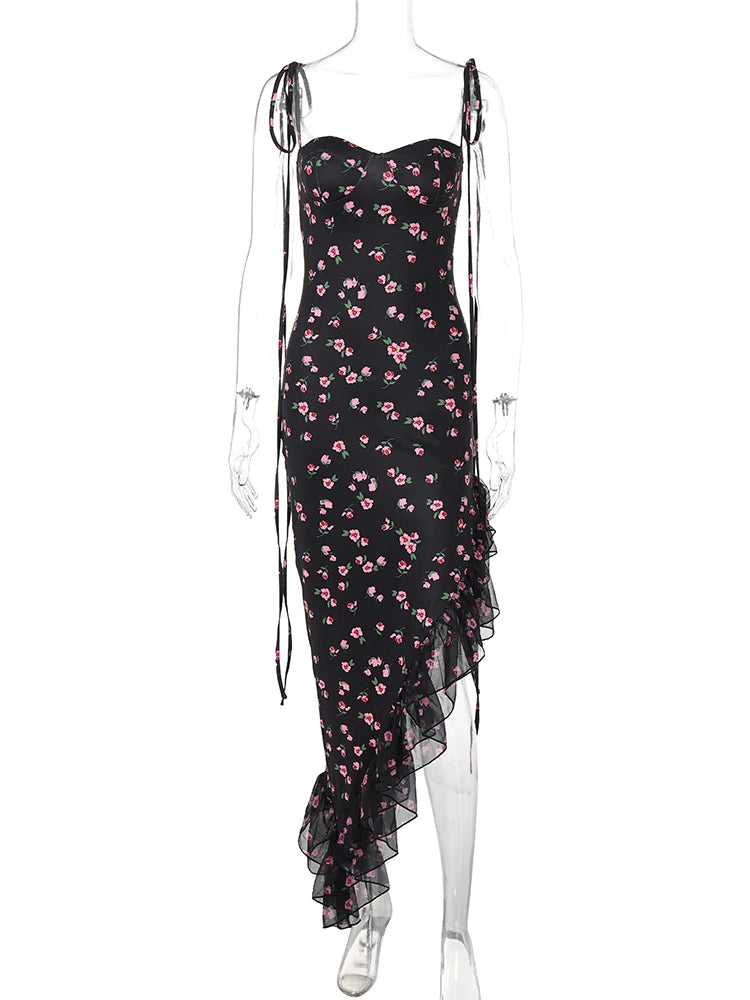 Floral Print Slips Backless Lace Up Irregular Ruffles Sexy Slim Elegant Maxi Dress Summer Women Outfits Birthday Party