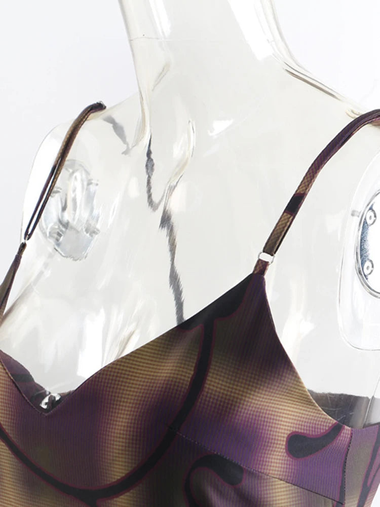 Women Purple Print Irregular Elegant Spaghetti Strap Dress New V-Neck Sleeveless Fashion Tide Spring Autumn 2025 1DJ0346