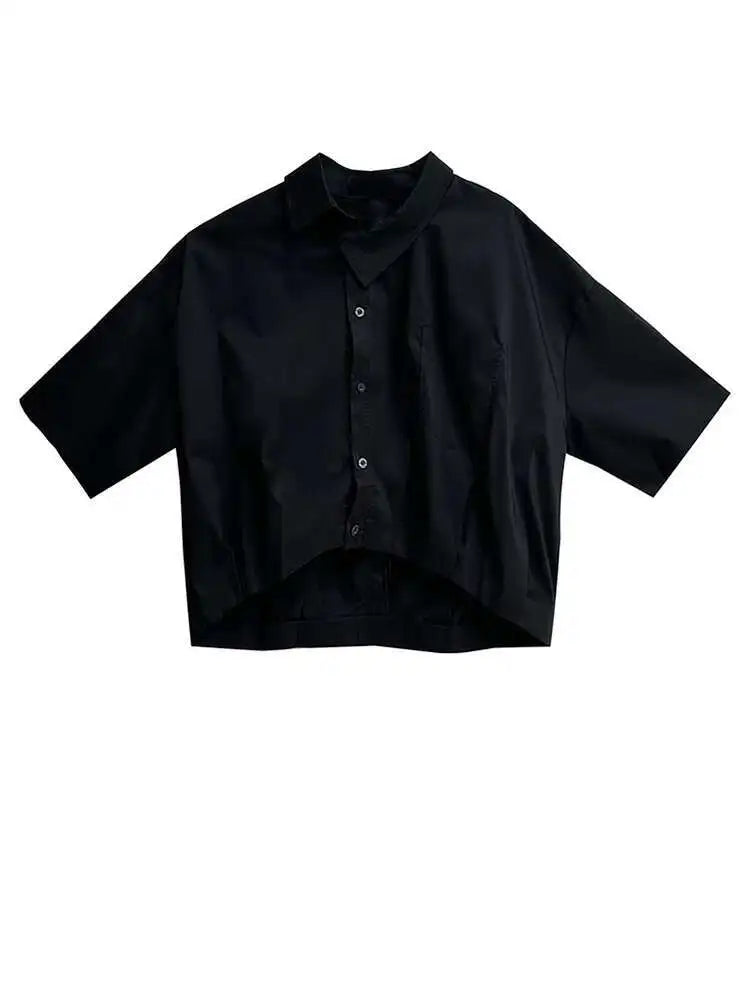 Women Black Brief Big Size Short Casual Blouse New Lapel Half Sleeve Shirt Fashion Tide Spring Summer 2025 1DH5843