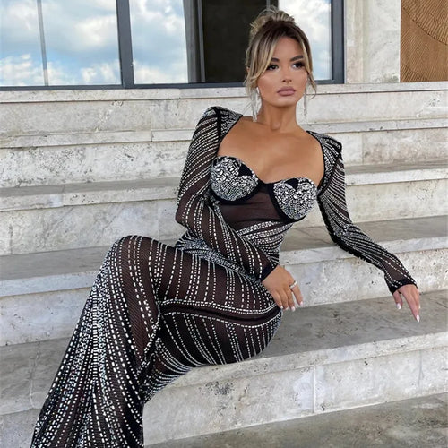 Load image into Gallery viewer, Glitter Mesh See Through Party Maxi Dress For Women Fashion Full Sleeve Bodycon Sexy Club Long Evening Dress Vestido
