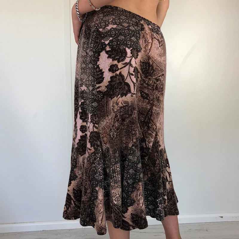 Fairycore Graphic Flowers Printing Midi Skirt Female Y2K Aesthetic Chic Vintage Autumn Skirt Low Waisted 2000s Grunge