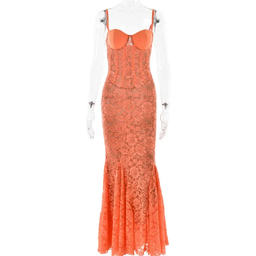 Load image into Gallery viewer, Floral Lace Sexy Maxi Dress For Women Orange Spaghetti Strap Sleeveless Backless Bodycon Club Party Long Dress Elegant
