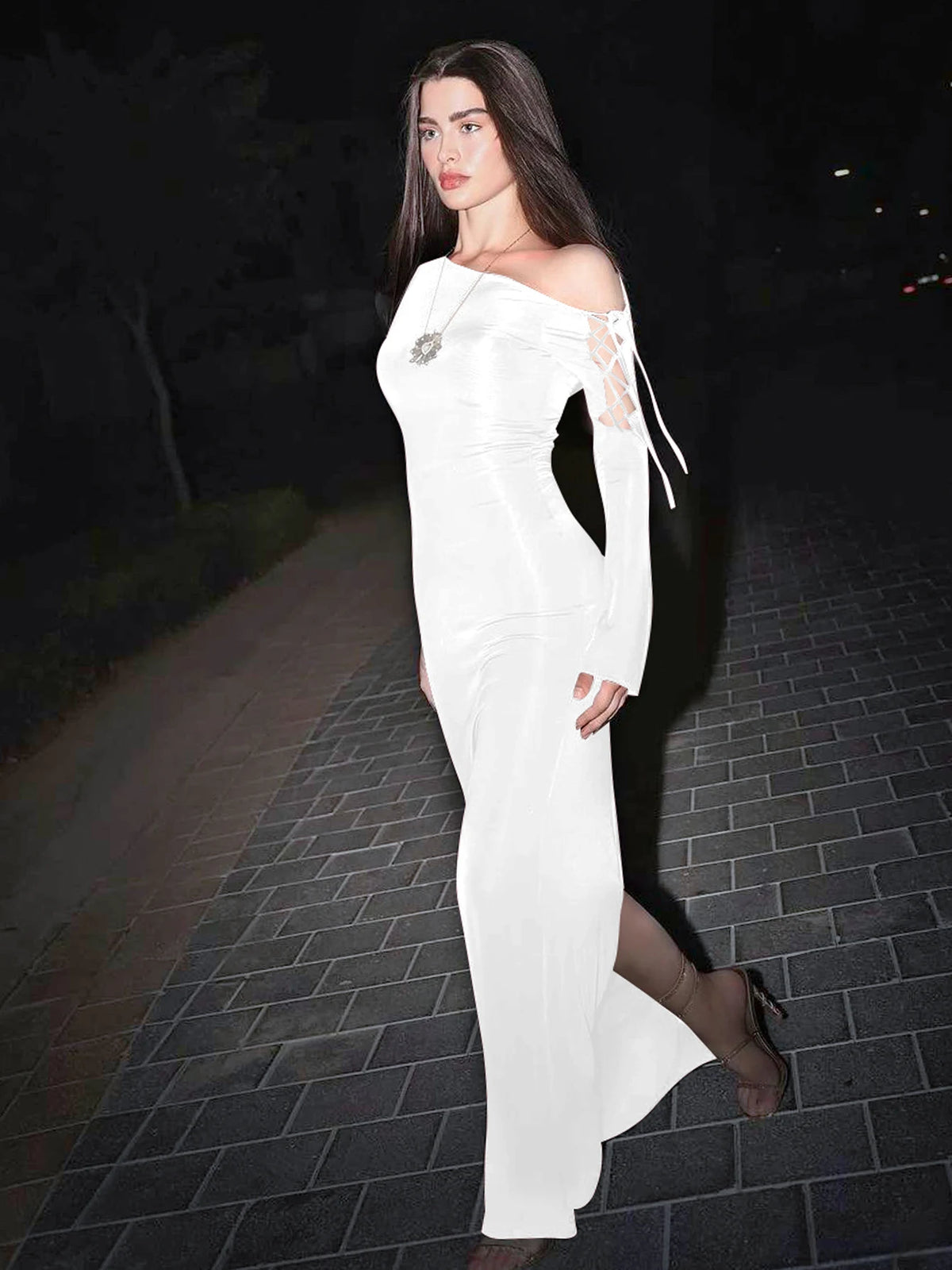 Elegant Solid Long Sleeve Hollow Out Bandage Irregular Slit Sexy Maxi Dress Winter Women Clothes Birthday Evening Party