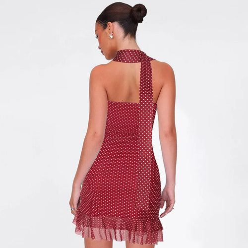 Load image into Gallery viewer, Scarf Collar Polka Dot Mini Dress Women Robe Fashion Off-shoulder Backless Sleeveless Ruffled Club Party Dress Vestido
