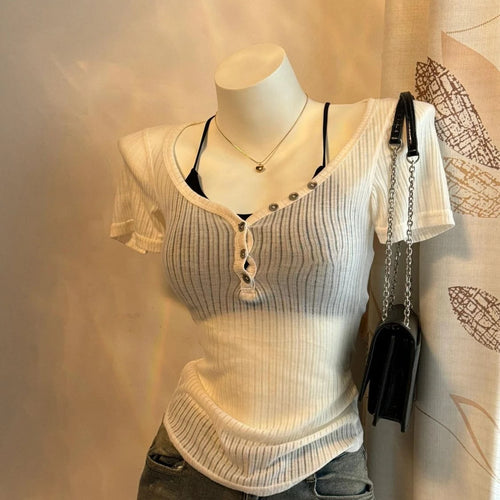 Load image into Gallery viewer, 2025 Summer Two Pieces Set Harajuku Solid Button Bodycon Casual T-shirt + Women Y2k Aesthetic Sexy Grunge Cropped Fairy Tank Top
