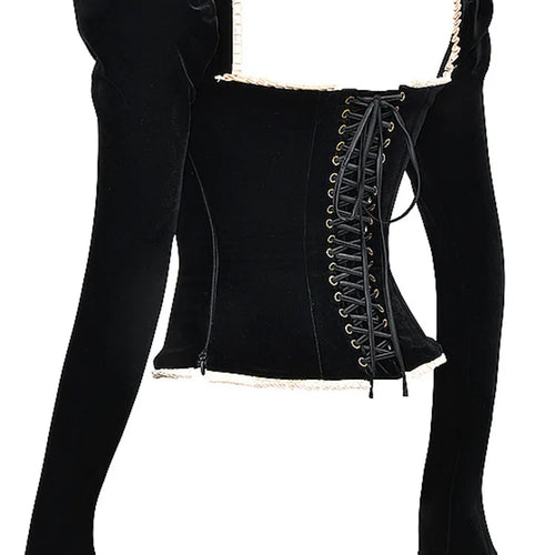 Load image into Gallery viewer, Elegant Velvet Long Sleeved Tight T-shirt For Women Sexy Square Neck Slim Backless Lace Up Female Top Fashion Streetwear
