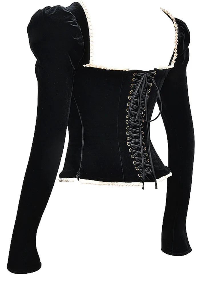 Elegant Velvet Long Sleeved Tight T-shirt For Women Sexy Square Neck Slim Backless Lace Up Female Top Fashion Streetwear
