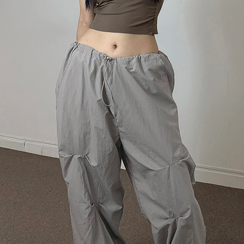Harajuku Oversize White Drawstring Parachute Pants Folds Low Rise Tech Sweatpants Draped Casual Baggy Trousers Women