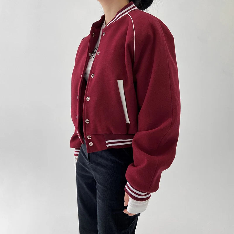 Vintage Stripe Stand Collar Baseball Jacket Women Varsity College Autumn Coat Buttons Up Fashion Outwear Jackets