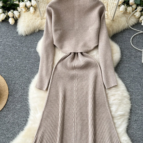 Load image into Gallery viewer, Autumn Winter Korean Women's Temperament Two Piece Set Beige Khaki Long Sleeved Shawl Cardigan Tops And Knitted Slip Dress Suit
