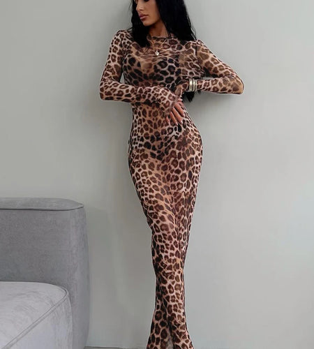 Leopard Print Mesh O Neck Long Sleeve Sexy See Through Maxi Dress Summer Women Fashion Outfits Beach Vacation Nightclub