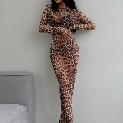 Load image into Gallery viewer, Leopard Print Mesh O Neck Long Sleeve Sexy See Through Maxi Dress Summer Women Fashion Outfits Beach Vacation Nightclub
