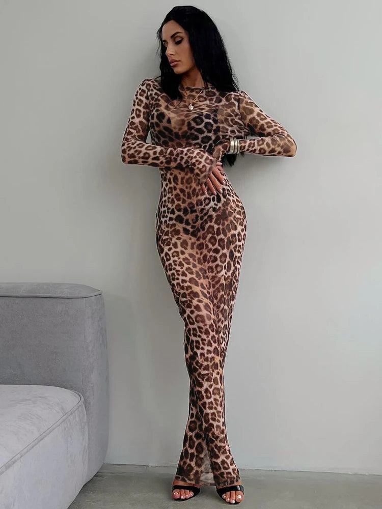 Leopard Print Mesh O Neck Long Sleeve Sexy See Through Maxi Dress Summer Women Fashion Outfits Beach Vacation Nightclub