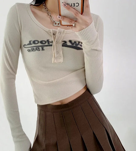 Vintage Letter Print Crop Tops Grunge Ribbed T-shirts Sexy Slim Long Sleeve Tee Shirt Women Korean Fashion Streetwear