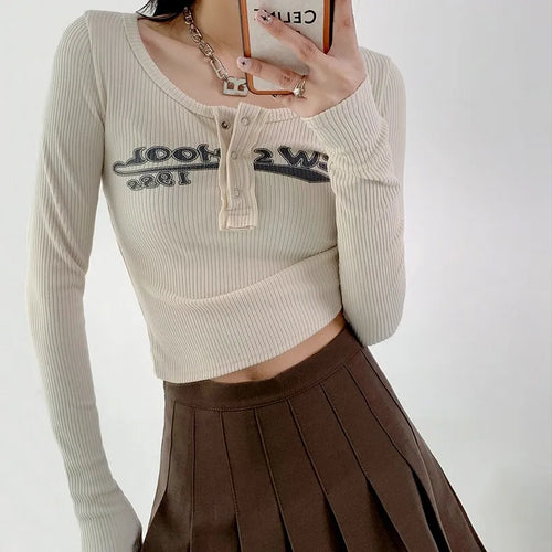 Load image into Gallery viewer, Vintage Letter Print Crop Tops Grunge Ribbed T-shirts Sexy Slim Long Sleeve Tee Shirt Women Korean Fashion Streetwear
