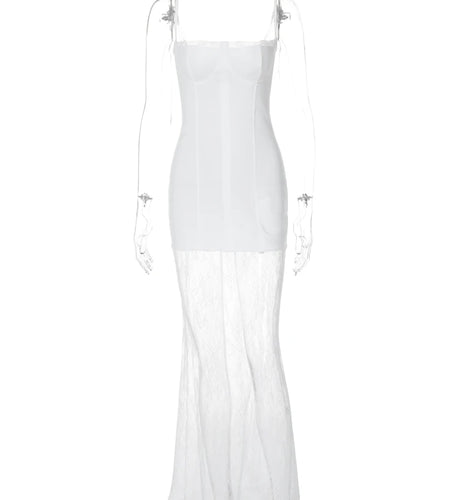 Elegant White Slips Patchwork Lace Sexy Slim Maxi Dress Summer Women Fashion Outfit Beach Party Festival Wholesale